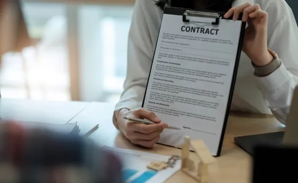Asesores inmobiliarios presentan un contrato hipotecario a cliente en una oficina moderna