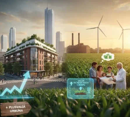 Ilustración de una comparación de la plusvalía entre una vivienda en la ciudad y una del campo.