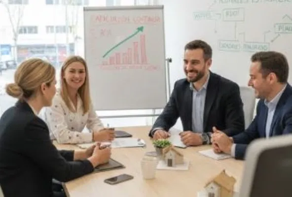 Una escena de equipo en una sala de juntas luminosa. El franquiciatario lidera una reunión con su equipo de ventas; todos se ven motivados y profesionales.