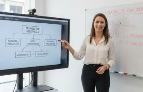 Una experta con una jerarquía en un pizarrón, mostrando el plan. 