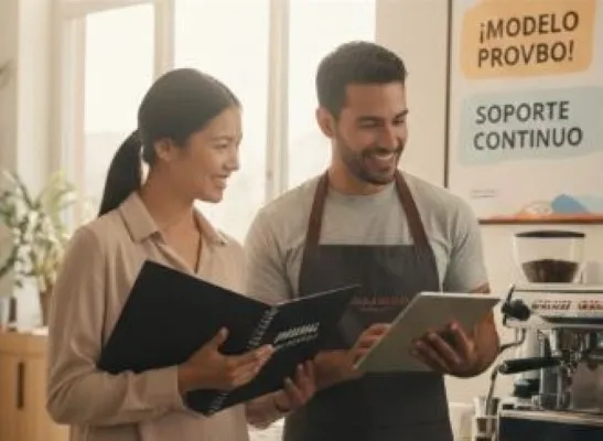 Dos emprendedores checando que todo funcione correcto en su franquicia para seguir creciendo.